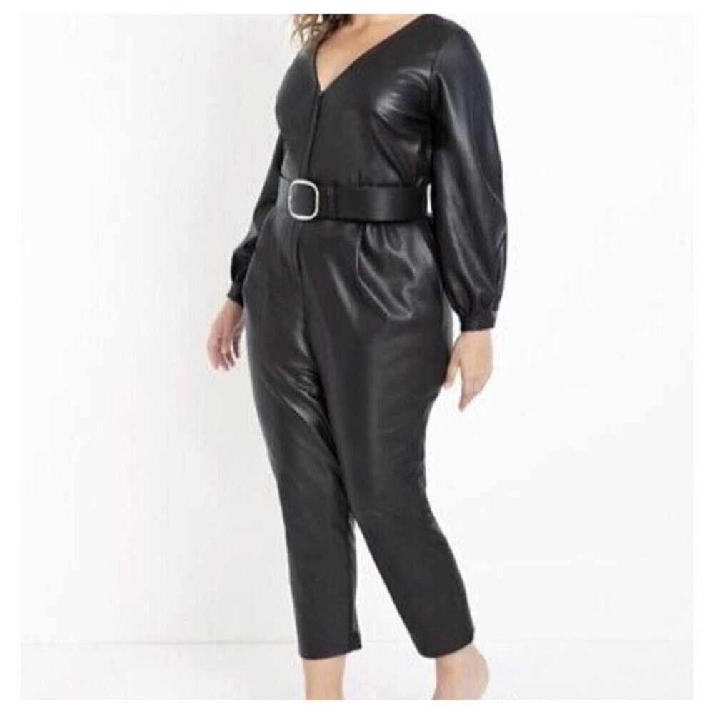 Eloquii Women's Black Plus Size Faux Leather Belted V Neck  Goth Glam Jumpsuit